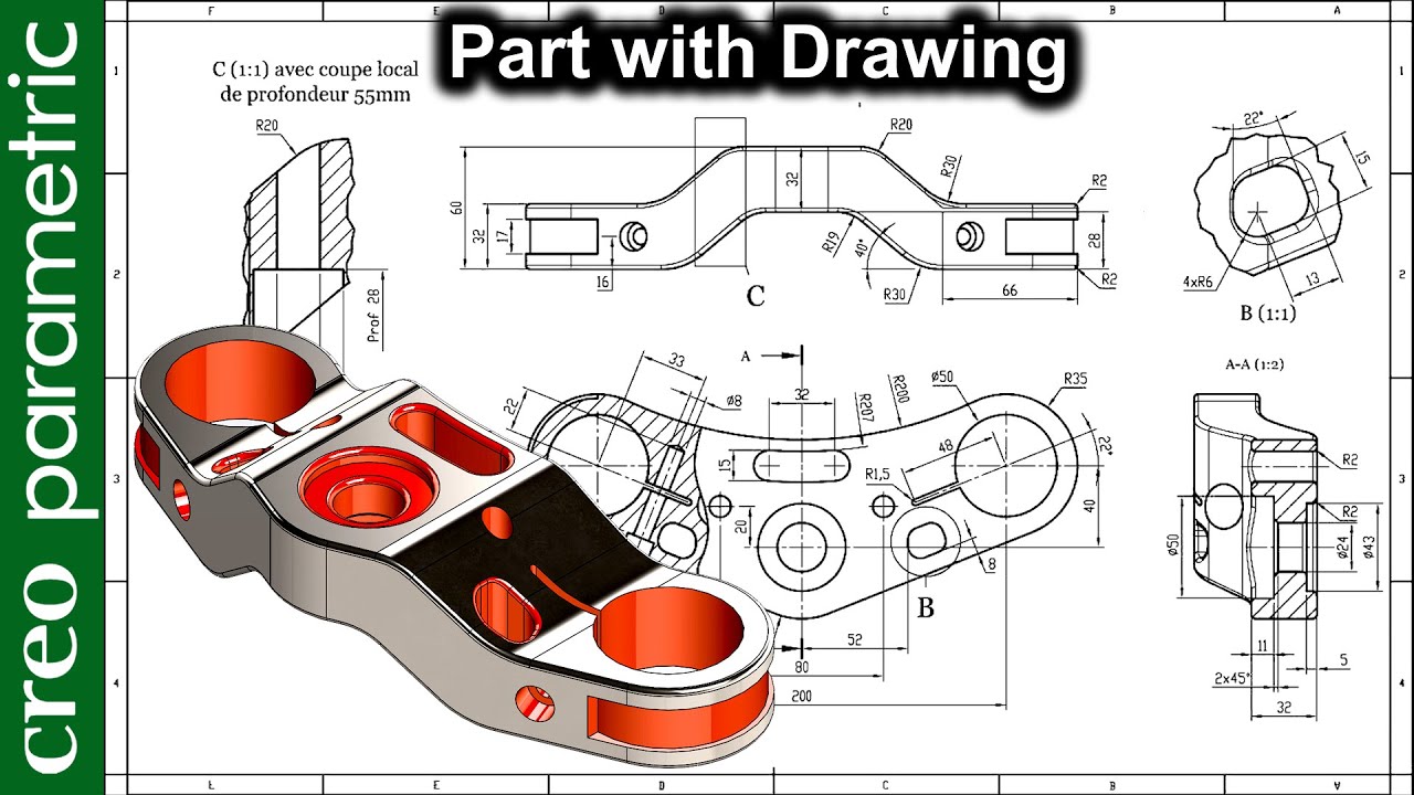 Complex part design with Drawing tutorial for beginners | Machine part 23 in Creo Parametric