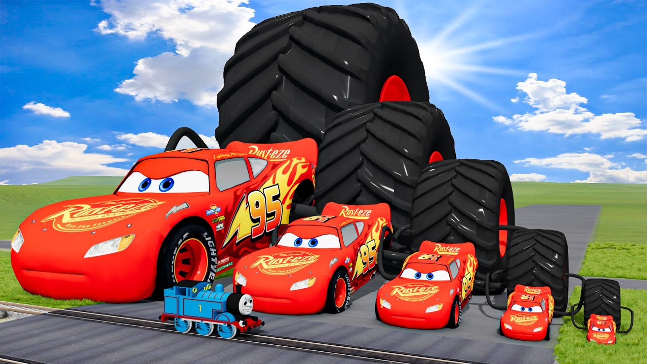 Big & Small Long Lightning Mcqueen with Giant Rear Wheel vs Trains Thomas | BeamNG.Drive