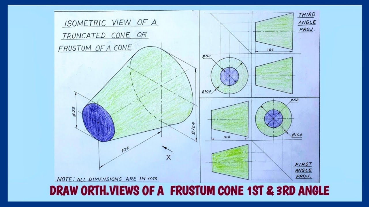Symbol 1st & 3rd angle।Draw Orthographic views of a Frustum cone in 1st & 3rd angle both।#symbols