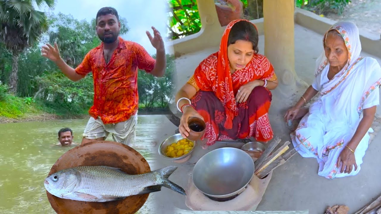 বৃষ্টির মধ্যে পুকুর থেকে মাছ ধরা সঙ্গে ফুলকপি দিয়ে কাতলা মাছ রান্না | Rainy day fishing & cooking