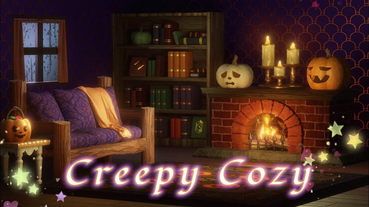 🎃Jack's Cozy Fireside🍬  | Animal Crossing Halloween Ambience (Thunderstorm and Crackling Fireplace)
