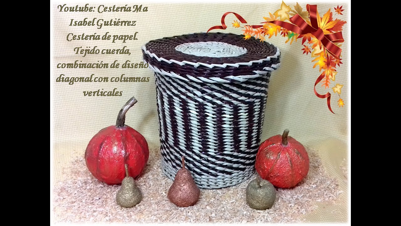 Cestería de papel. Combinación de diseños diagonal y columnas con tejido cuerda. DIY