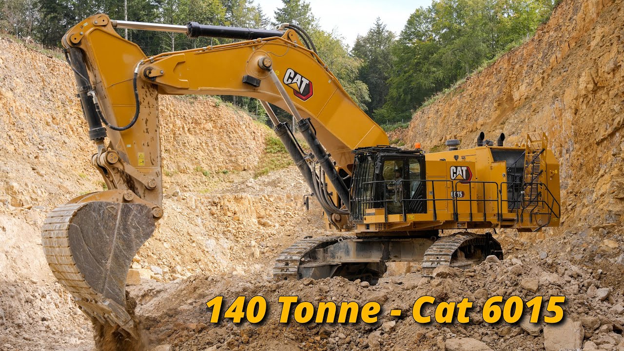 Massive 140-Tonne Cat 6015 Excavator at Work in Limestone Quarry
