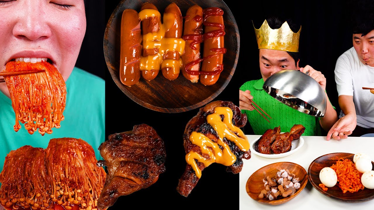 ASMR MUKBANG| Острые грибы эноки, огненная лапша, копченая курица, рисовая бумага, колбаса.