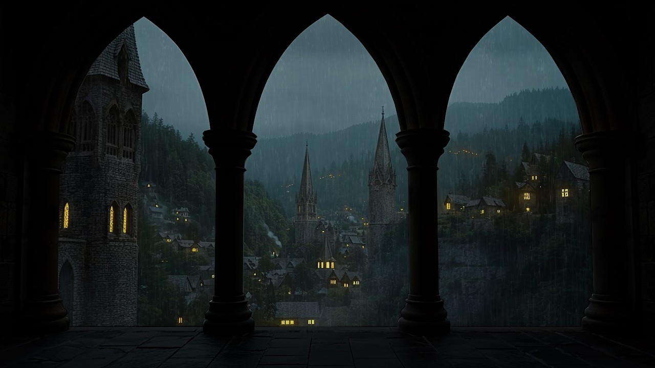 Cozy Castle Window – Heavy Rain, Thunder & Sleep Ambience 🌙