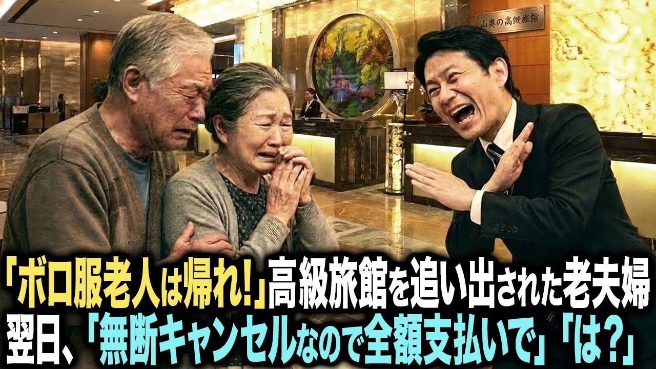 結婚記念日の旅行で高級旅館へ来た老夫婦「予約した〇〇です」「こんなボロ服老人追い返せ」→翌日「無断キャンセルなので全額支払いして下さい」「は?」