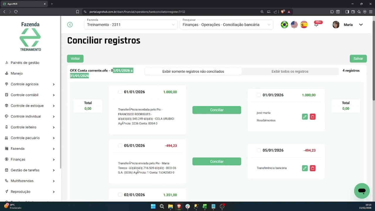 Conciliação bancária - Controle financeiro AgroHUB