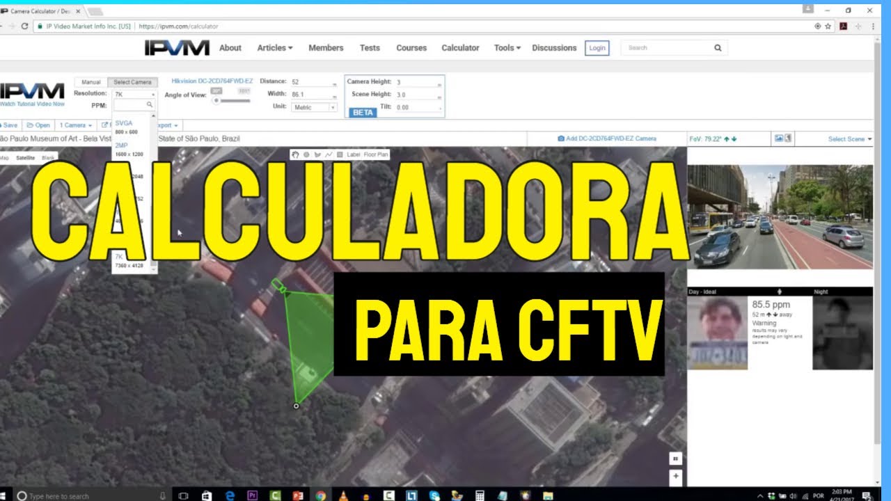 Calculadora de lentes e resolução para CFTV