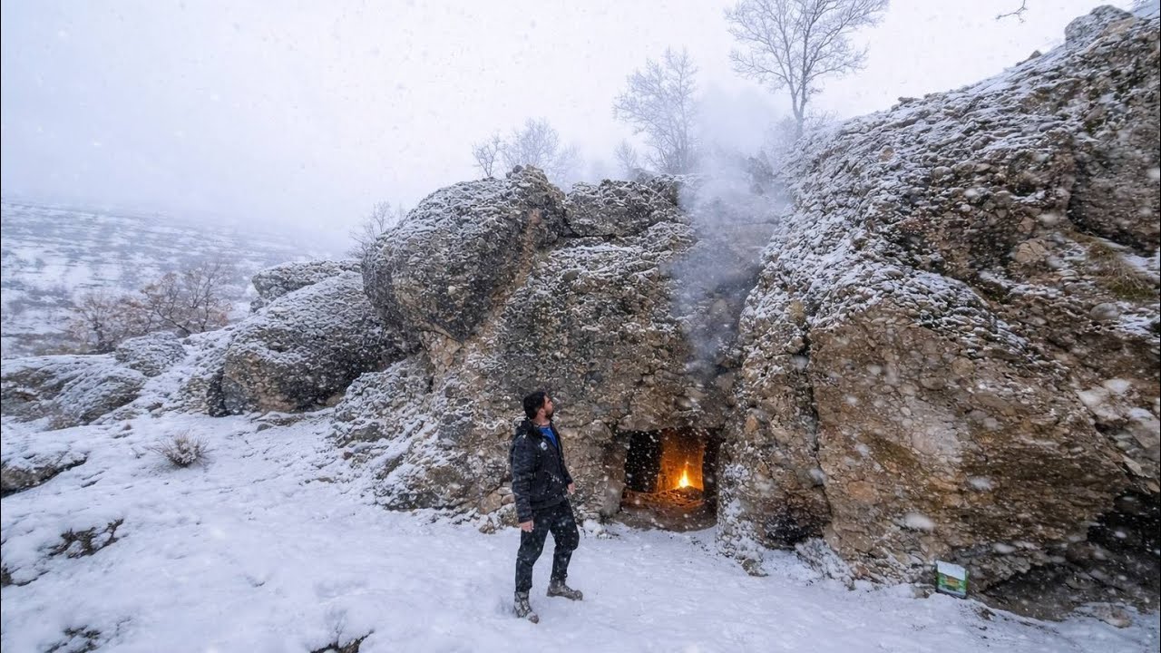 Cave survival in a Blizzard | building a Stone Shelter with Fireplace in a Snowstorm