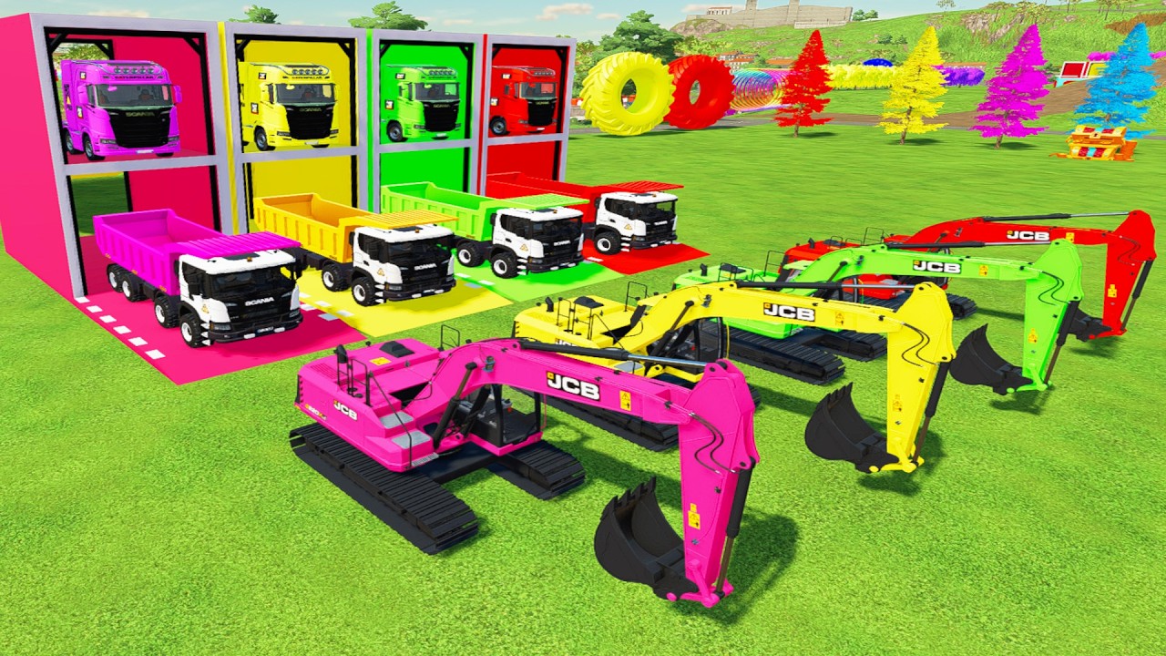 Garage With Colors - ALL COLORFUL JCB EXCAVATOR, SCANIA DUMP TRUCK TRANSPORTING WITH LFATBED TRUCK