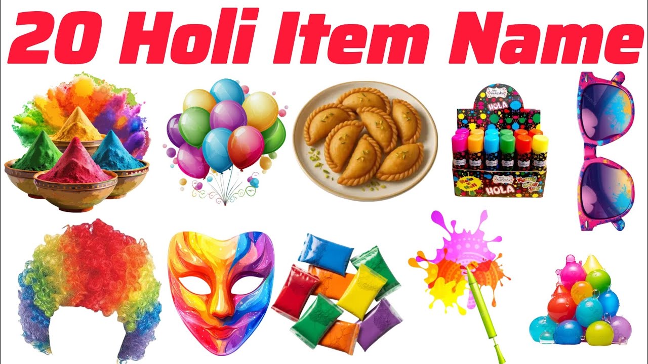 होली के समान के नाम Holi Item Name Pre Kids English vocabulary learning | Kids Knowledge Video