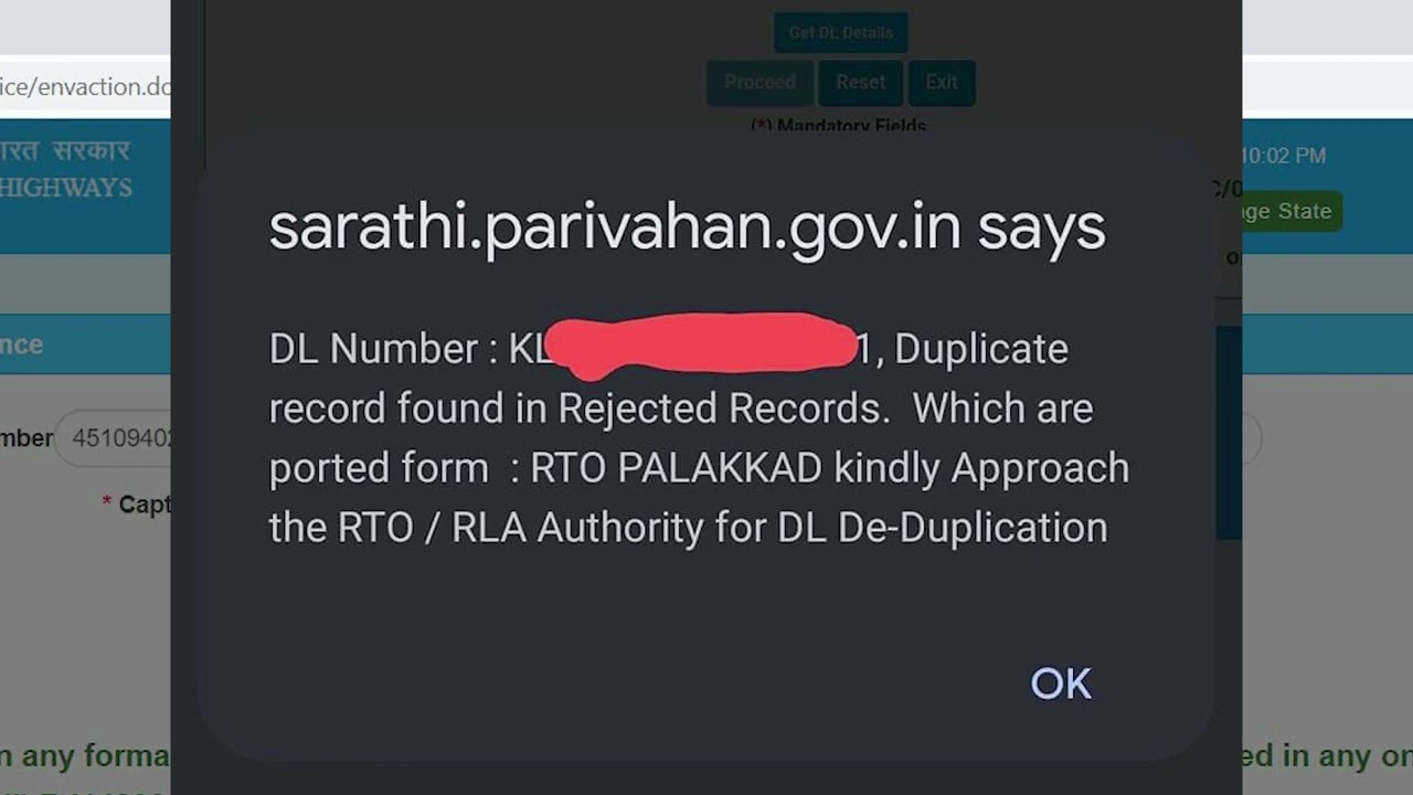Driving licence issues | Duplicate record found in rejected records,not available central repository