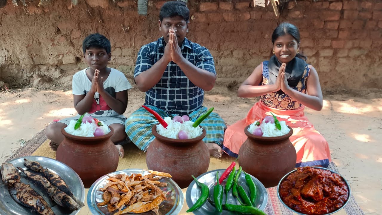 பழைய சோறும் சுட்ட கருவாடும் மிளகாய் துவையலும் Ice biriyani with dry fish fry, dry chilli thuvaiyal