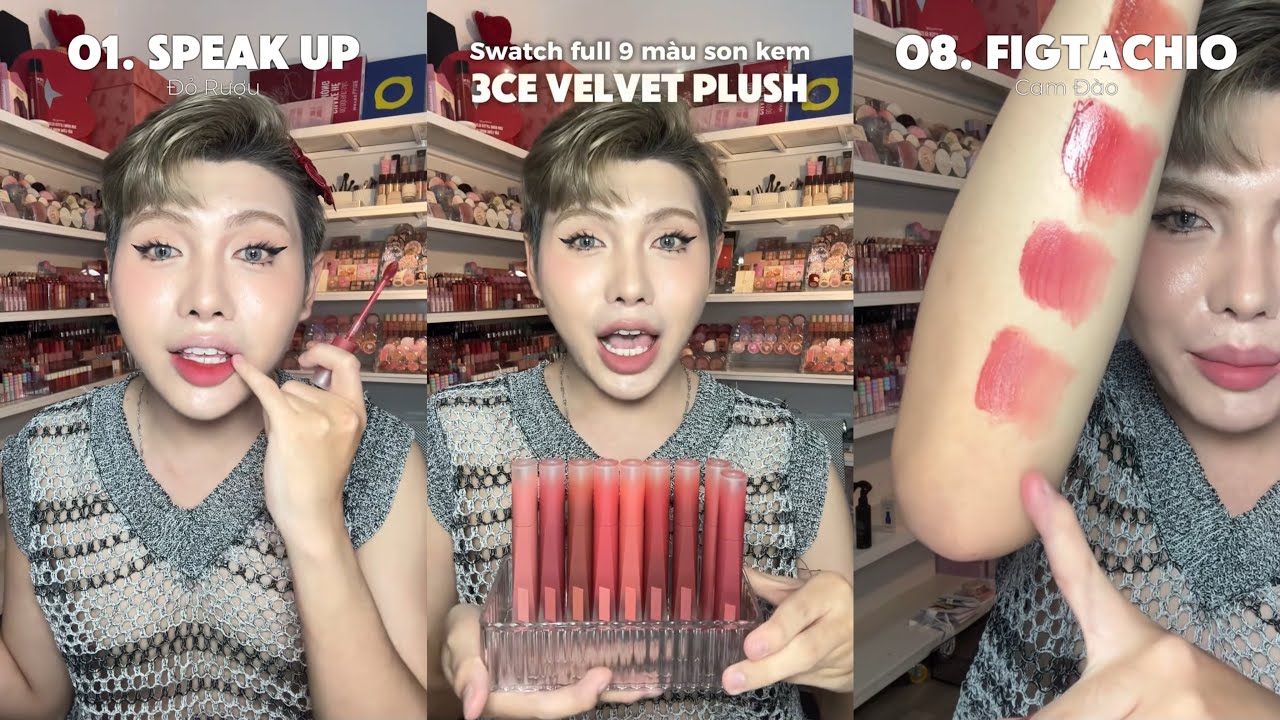 SWATCH FULL 9 MÀU SON KEM 3CE VELVET PLUSH | NGHĨA I LÍT SON 