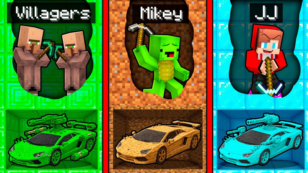 Mikey and JJ vs Villagers Super Car Mine Battle in Minecraft (Maizen)
