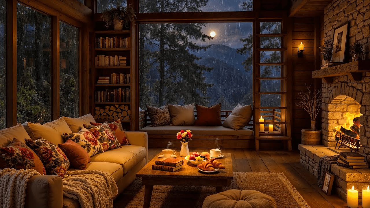 Warm Jazz in a Cozy Reading Nook 🌧️ Rain Sounds & Crackling Fireplace for Ultimate Relaxation
