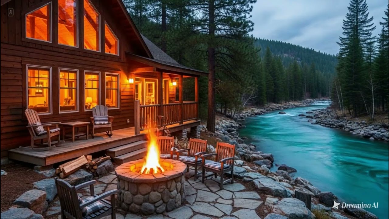 Perfect Spring Riverside Cabin Porch in Forest 🌿🔥 Crackling Fire, Birdsong & Gentle River Ambience