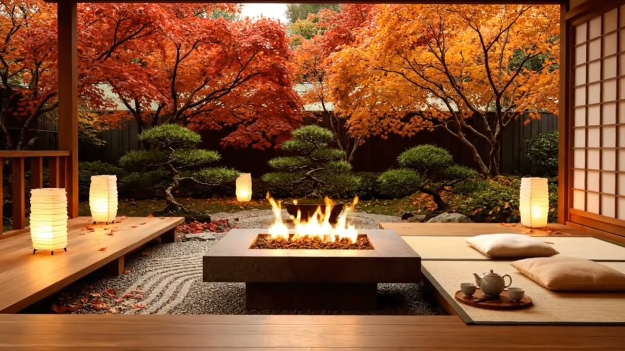 Japanese Autumn Garden Ambience – Zen Fireplace & Peaceful Fall Atmosphere