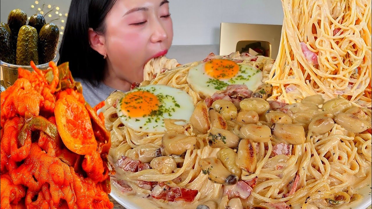 ASMR 이래보여도 꾸덕꾸덕 크림파스타 매운닭발 꿀조합이죠🙏🏻 레몬무뼈닭발 리얼먹방 :) cream pasta , spicy chicken feet MUKBANG