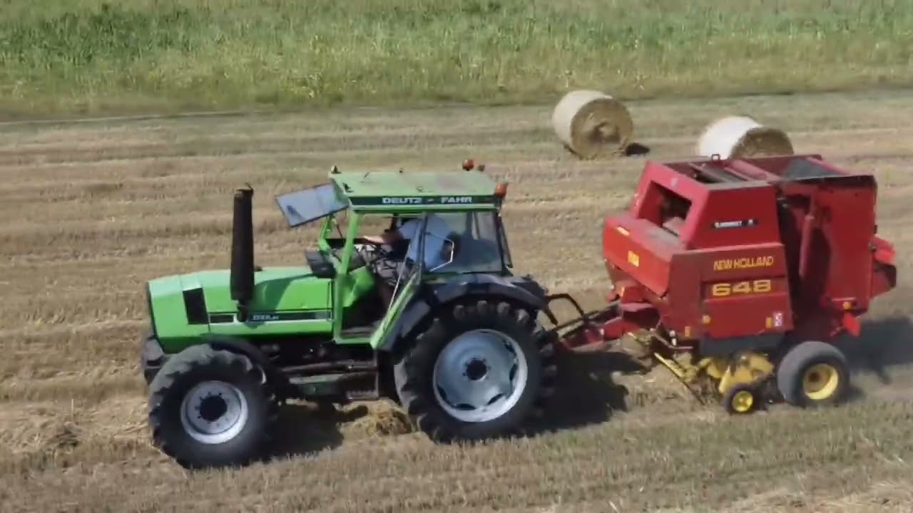 Prasowanie słomy 2023. Deutz Farh DX 6.30 + prasa New Holland 648.