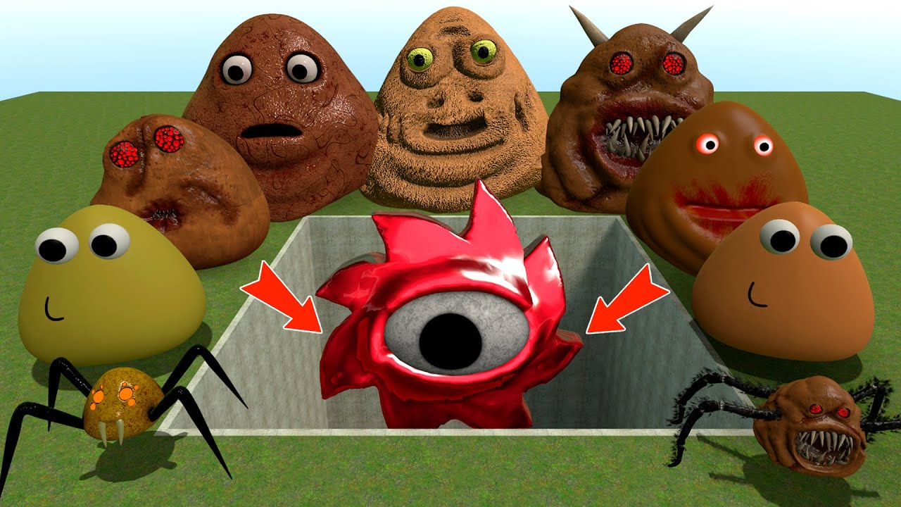 ALL NORMAL 3D POU BOU'S REVENGE Monsters VS RUBY Mr SUN SPRUNKI PHASE in BIG HOLE in Garry's Mod