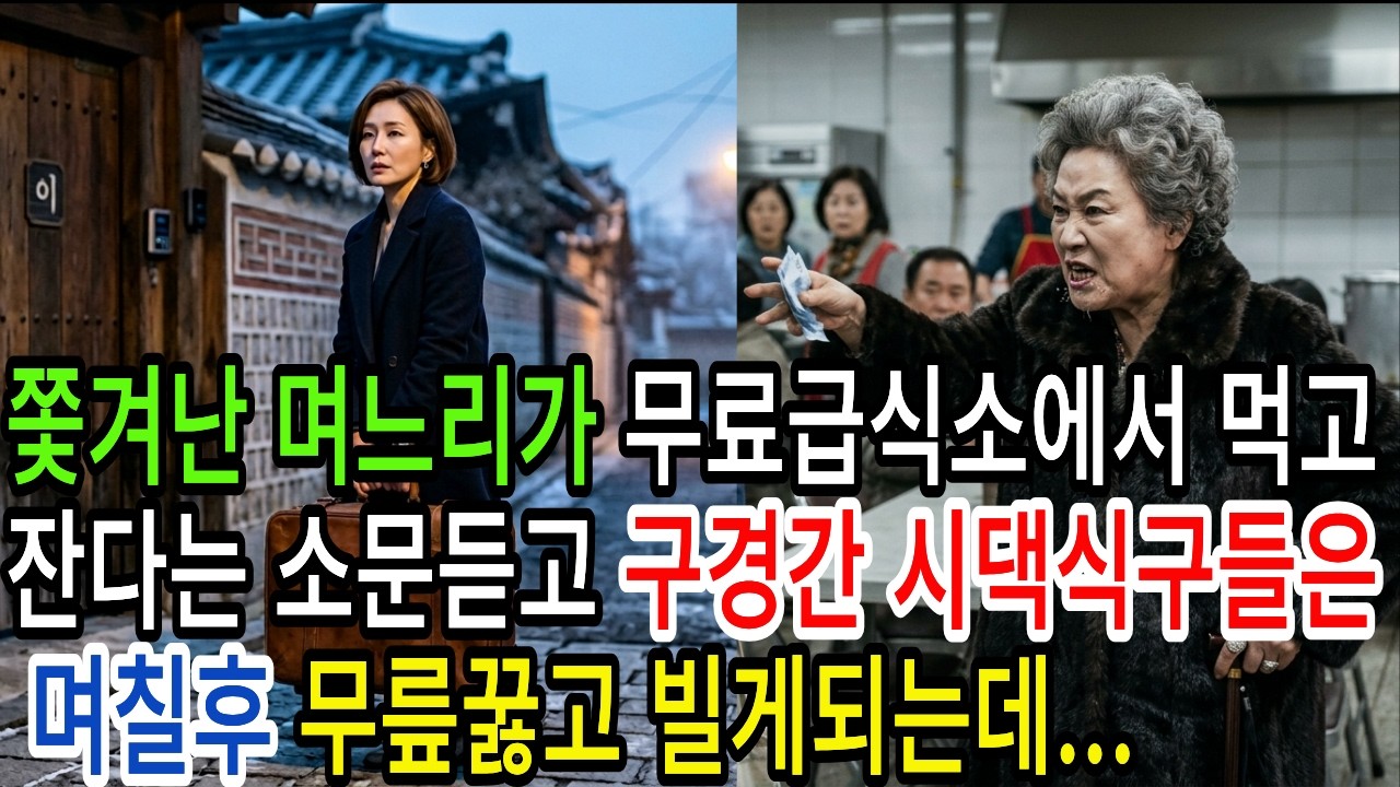 시댁에서 쫓겨난 며느리가 무료급식소에서 먹고 잔다는 소문듣고 구경간 시댁식구들은 며칠후 무릎꿇고 빌게되는데