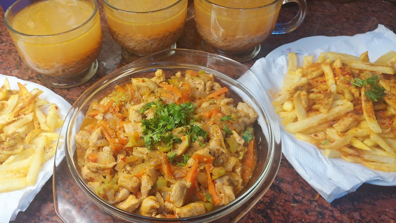  قطع دجاج بالجزر 🥕🥕مع بطاطس محمرة وشوربة لسان عصفور 🌶🥔