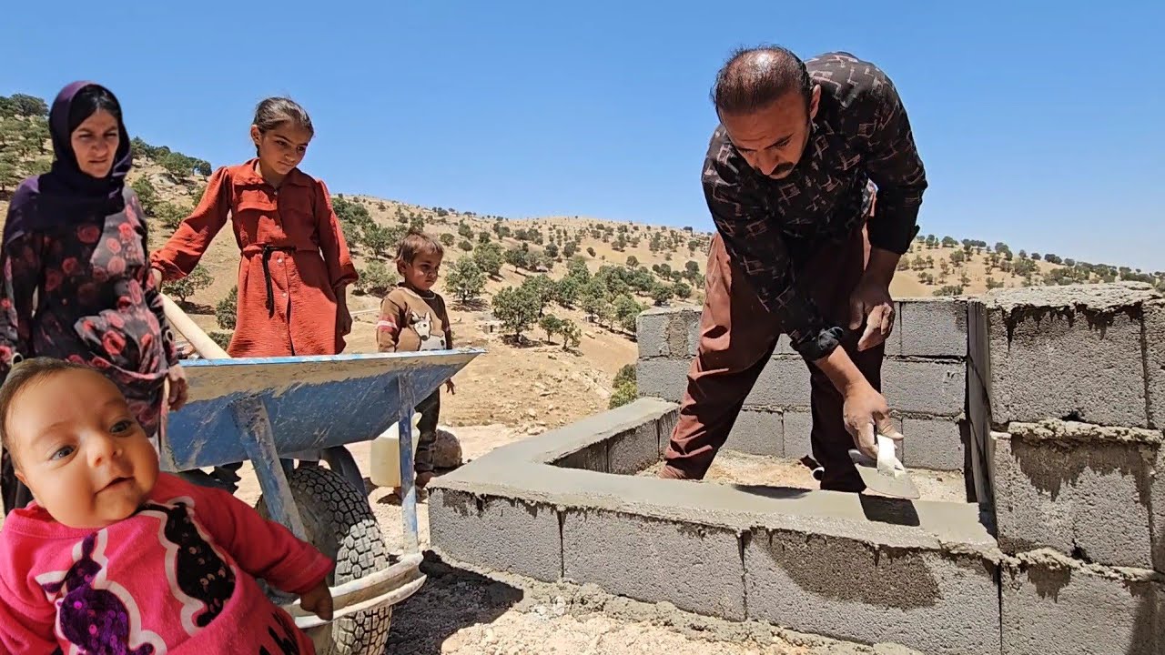 Nomadic life  conditions building a pond to wash dishes and save water in the heart of the mountains