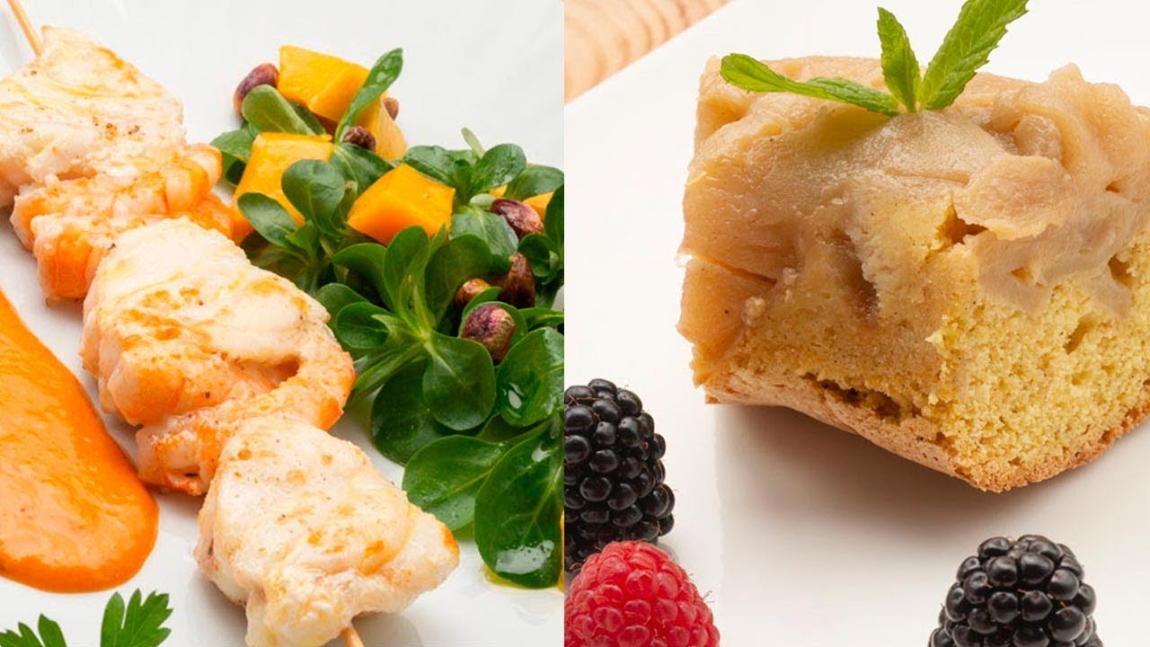 Brocheta de rape y langostinos con ensalada de canónigos - Tarta de manzana - Cocina Abierta