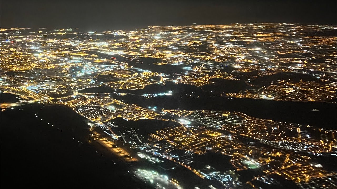 Tap Air Portugal departure from Luxembourg beautiful night lights landing in Lisbon Portugal HDR