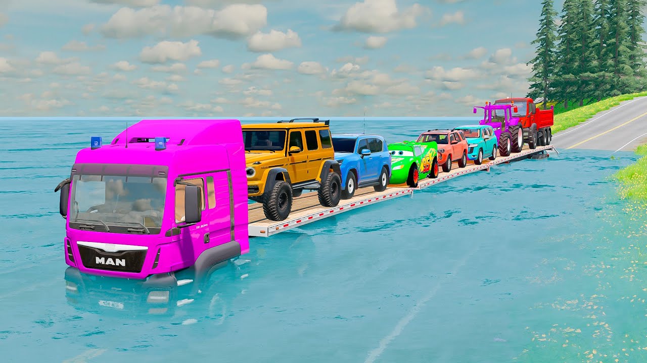 Flatbet Truck McQueen | Transportation with Truck - Pothole vs Car #051 | BeamiNG.Drive Gameplay