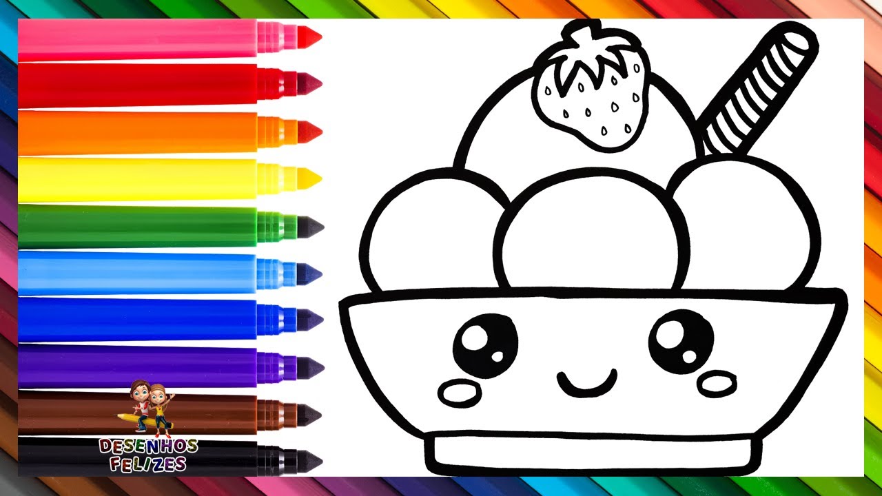 Desenhar e Colorir uma Ta&ccedil;a de Sorvete Fofa 🍨🟡🟤🔴🟠🌈 Desenhos para Crian&ccedil;as