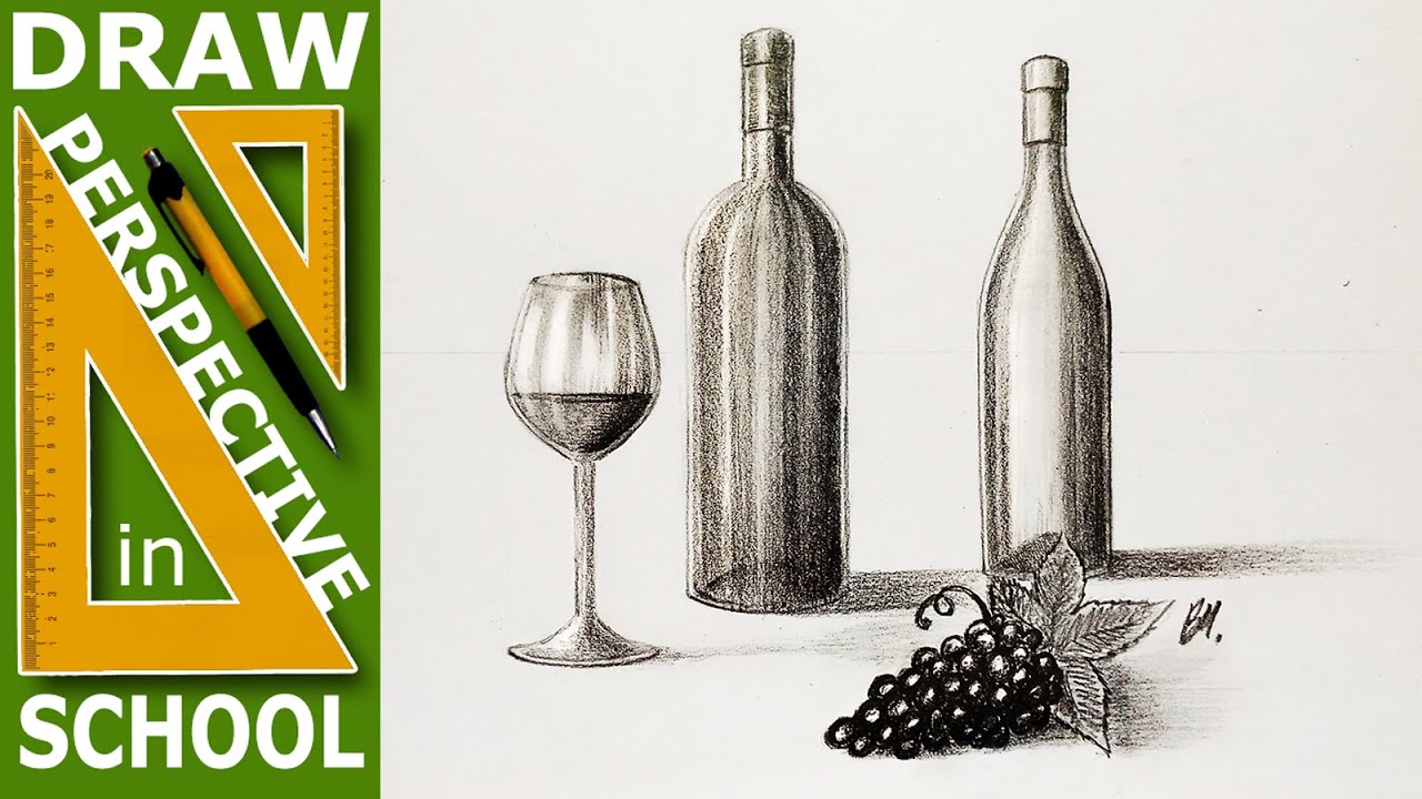 How to draw: Cylindrical object draw - Wine bottles and glass