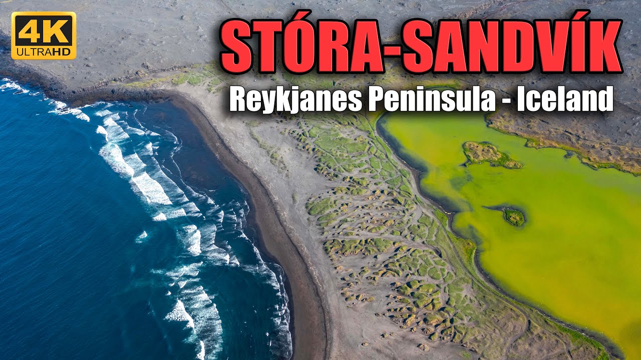 St&oacute;ra-Sandv&iacute;k black sand beach - Stunning hidden beach on Reykjanes Peninsula | 4K Drone Footage