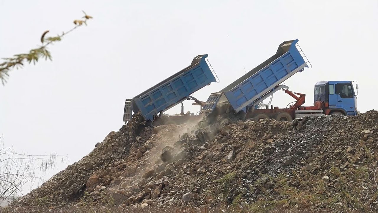 WTF!! Huge Land Filling 10 Wheel Dump Truck Unloading Rock Soil, Wonderful Bulldozer Pushing Stone