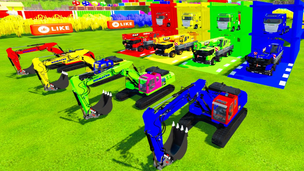 Colorful trucks - ALL COLROFUL KOMATSU EXCAVATOR, CRANE TRUCK TRANSPORTING WITH SCANIA FLATBED TRUCK
