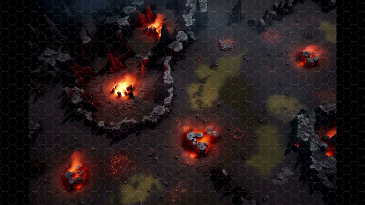 DnD compatible animated map _ Barren Landscape with Central Fire _ hex grid for VTT ambience