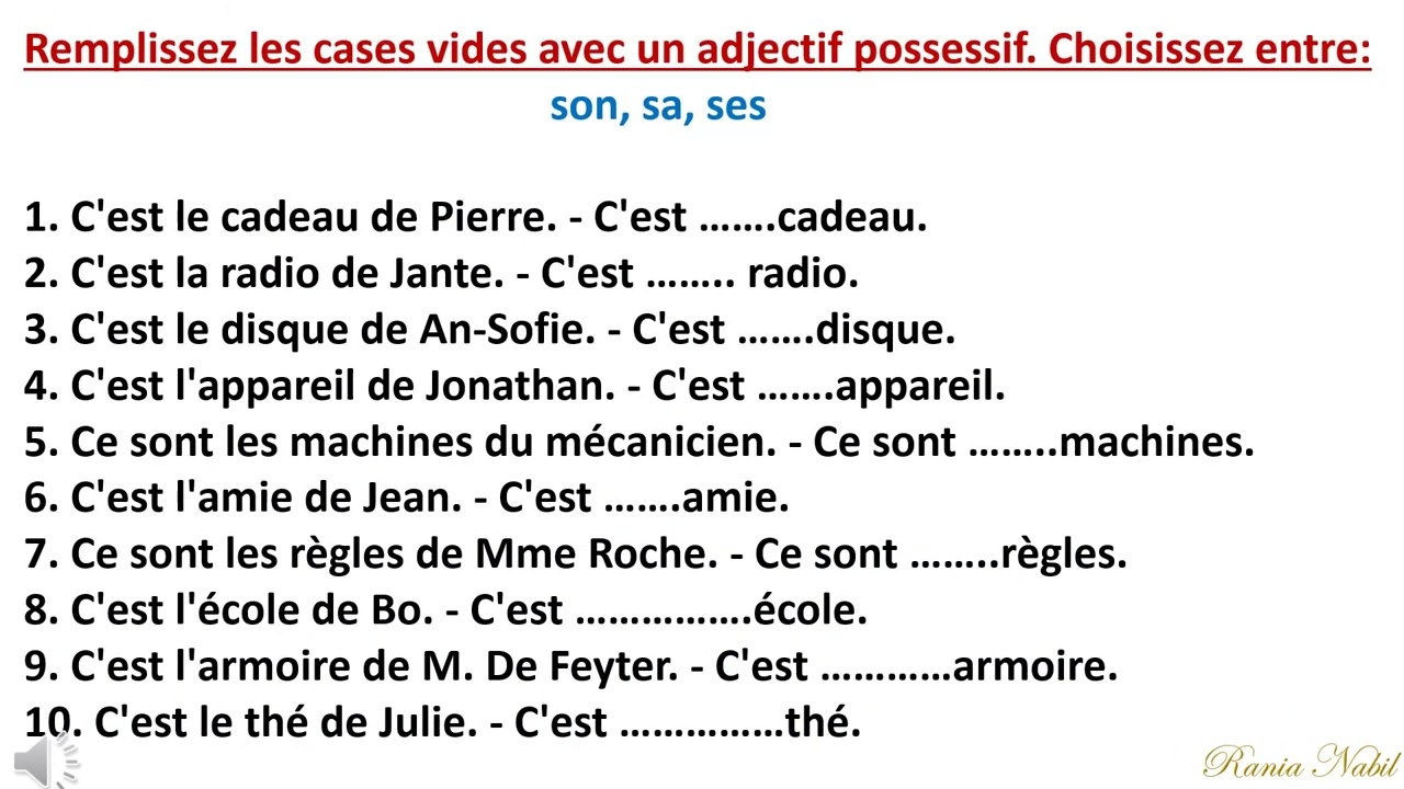Exercices Les adjectifs possessifs
