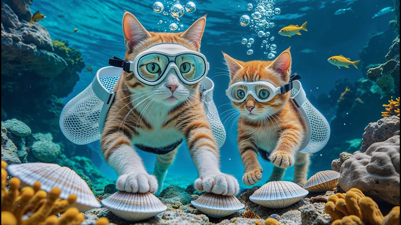 Mama Cat and Kitten&rsquo;s Fresh Oyster Feast, A Peaceful Day by the Sea🐱🐟🌤️