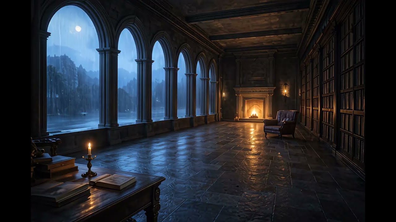 Deep Sleep Music | Moonlit Library with Rain & Fireplace | 10 Hours (4K) 🌙