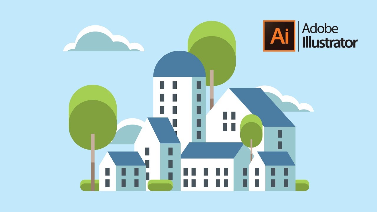 Flat Style City Landscape with Buildings and Trees tutorial in Illustrator
