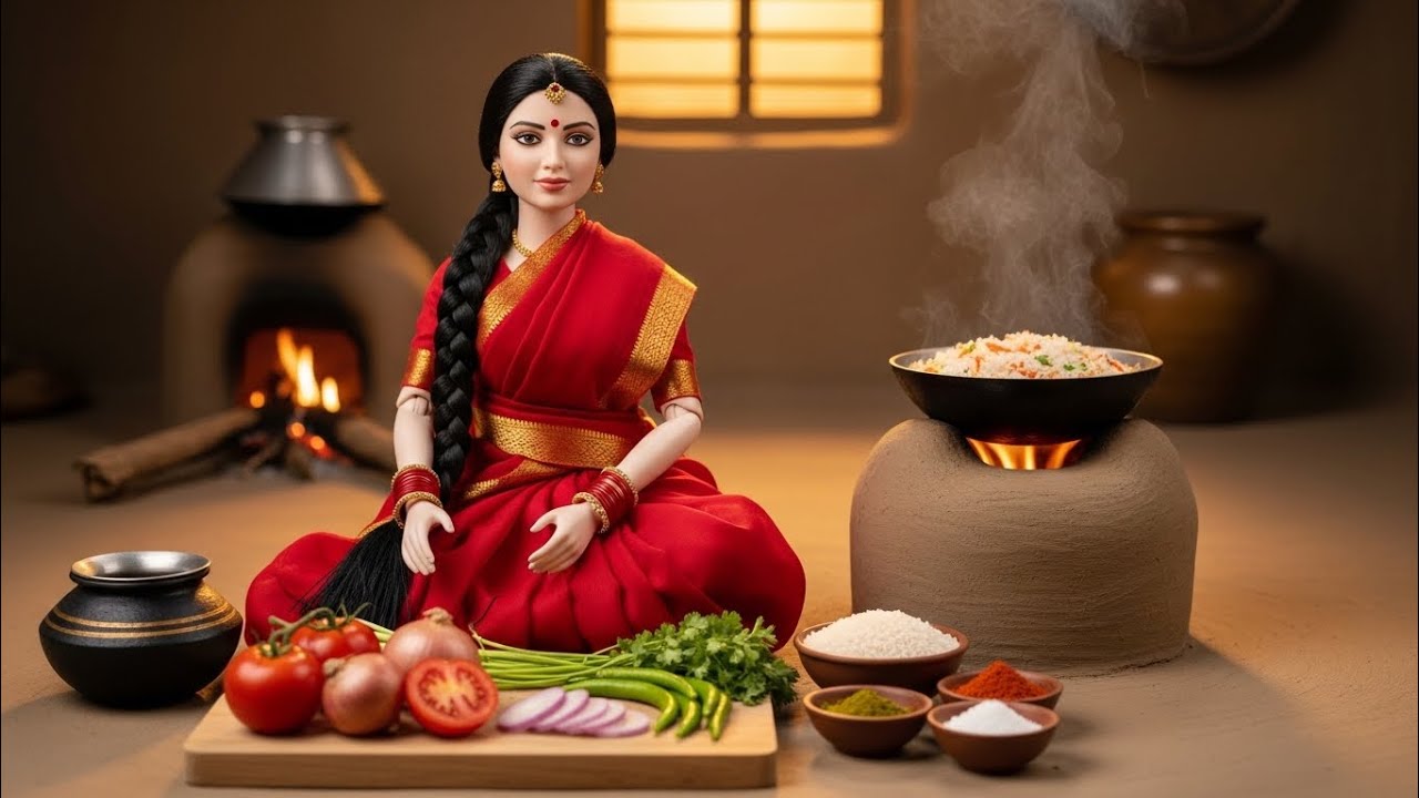 Miniature Doll Cooking Tomato Rice on a Traditional Clay Stove | Rural Life Cooking Video😍