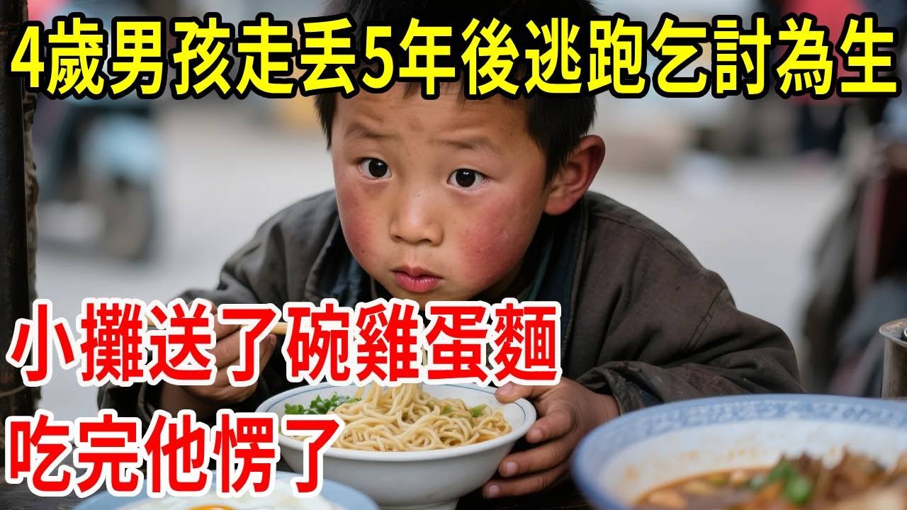 4歲男孩走丢5年後逃跑乞討為生，小攤送了碗雞蛋麵，吃完他愣了#原創#情感