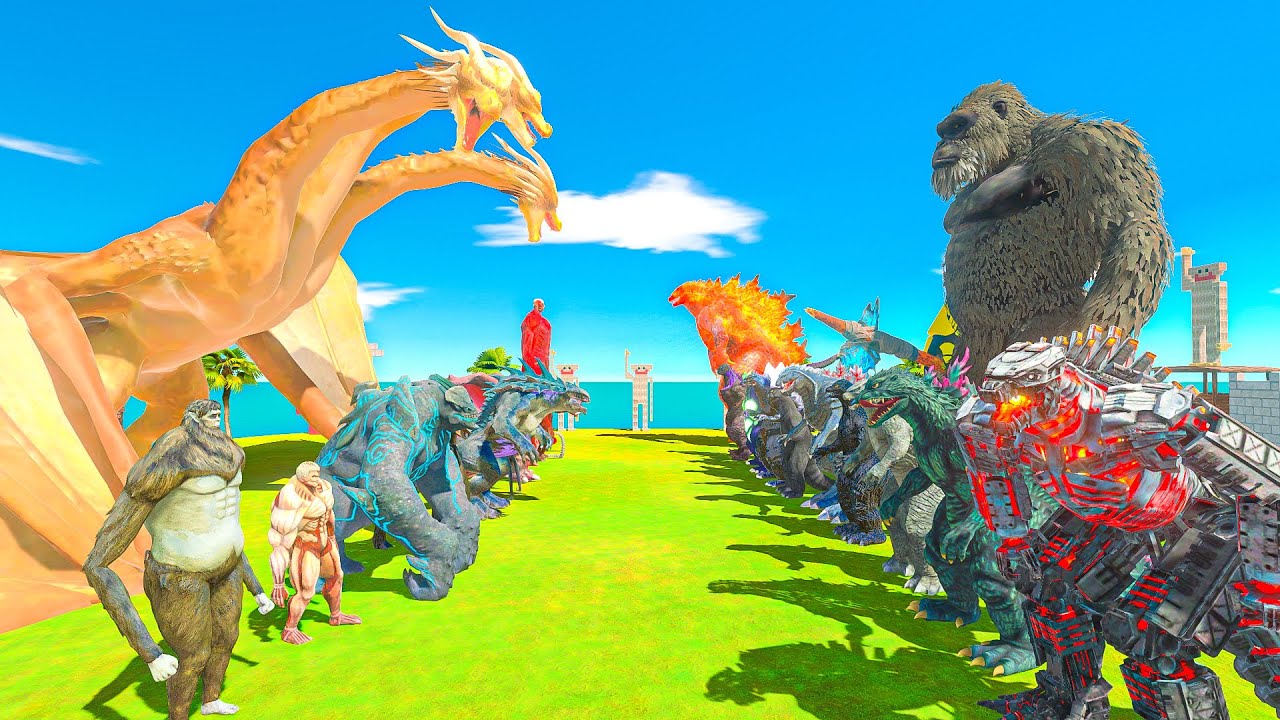 Team Kong x Godzilla vs Team King Ghidorah x Colossal Titan - Animal Revolt Battle Simulator