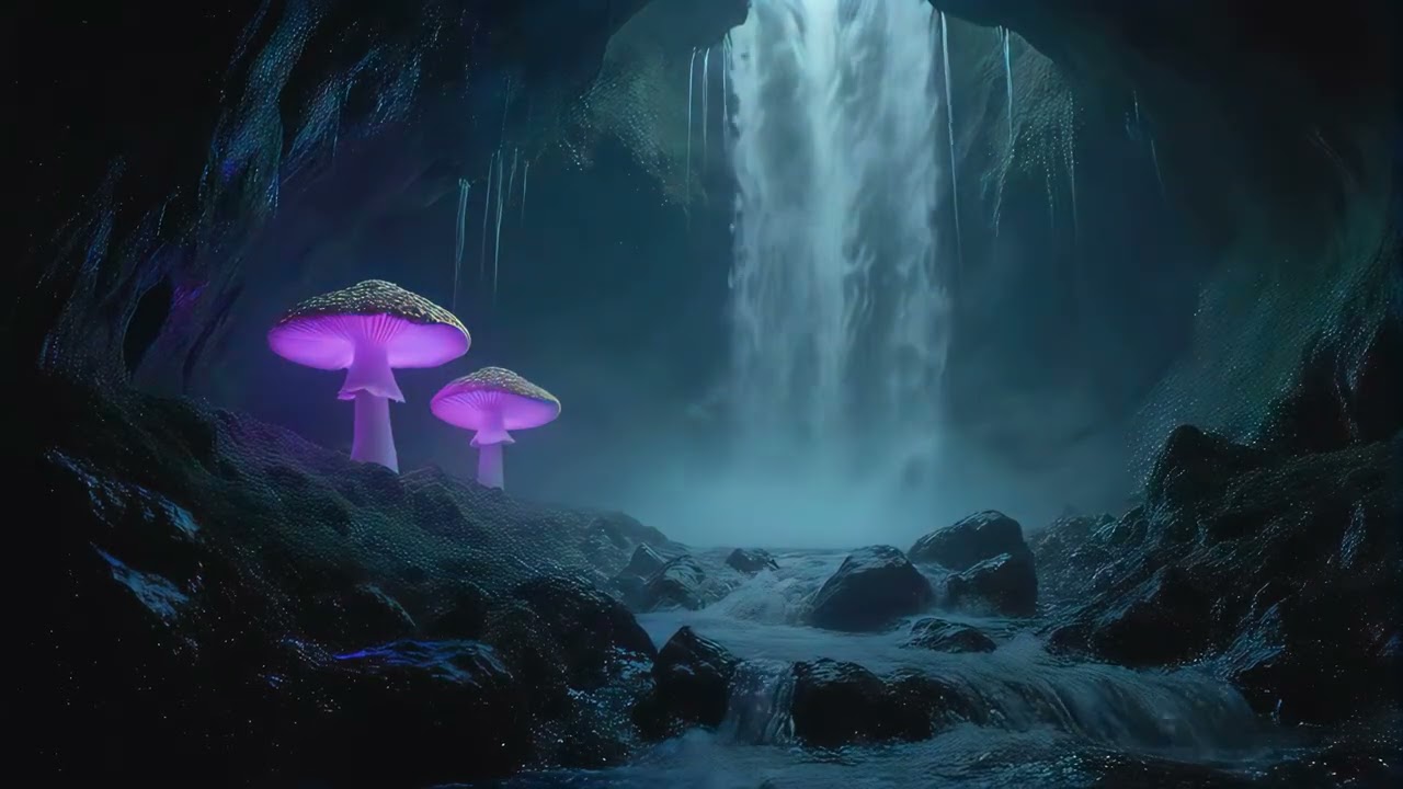 10 hours glowing purple mushrooms cave waterfall 4k uhd 60fps screensaver windows 11 vj loop