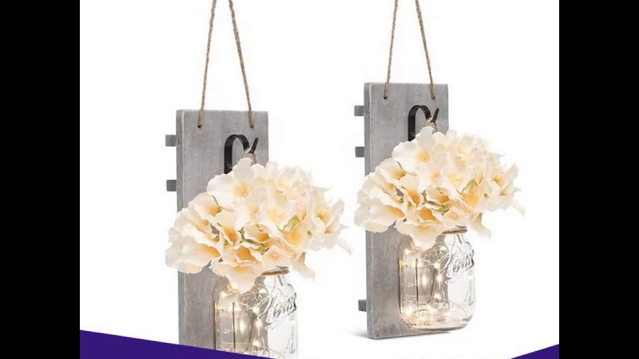 Decorative Mason Jar Wall Decor - Rustic Wall Sconces with 6-Hour Timer LED Fairy Lights and Flowers
