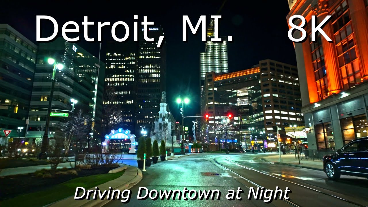 8K - Detroit, MI. - Relaxing Video - Driving Downtown at night. [ASMR]