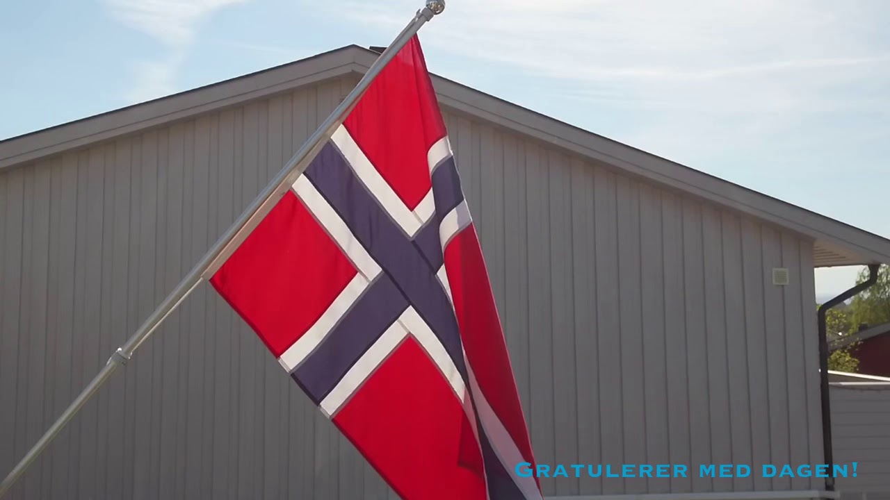 Norwegian flag waving in the wind on Norwegian Constitution Day
