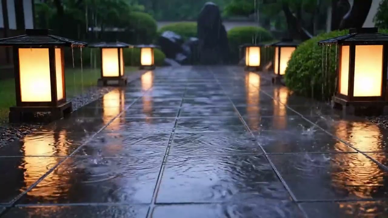 Rain on Stone Pathway at Night 🌧️ Cozy Lantern Garden Ambience for Deep Sleep
