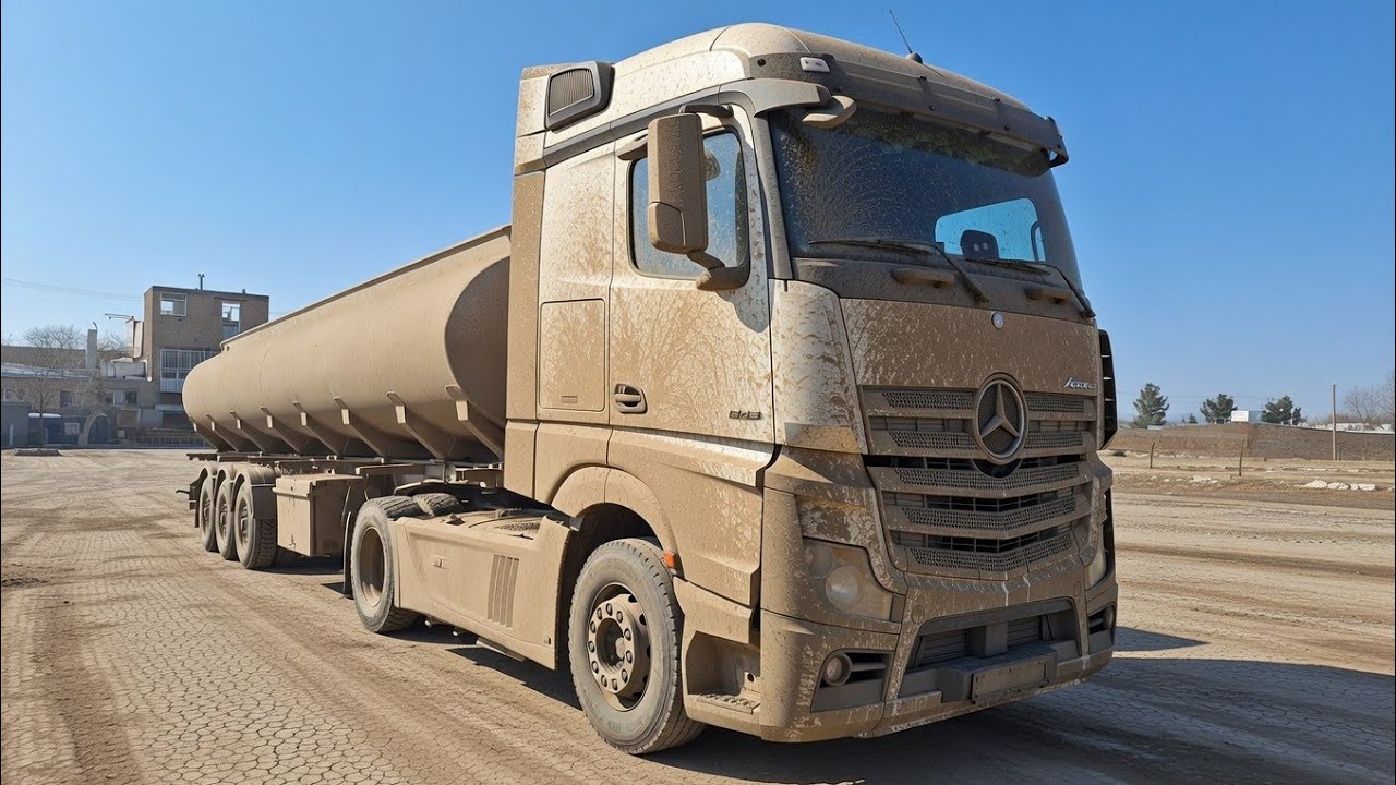 Pressure washing with a Benz Actros 1845:🚿🚛 Cleaning mud and dirt from a white giant.
